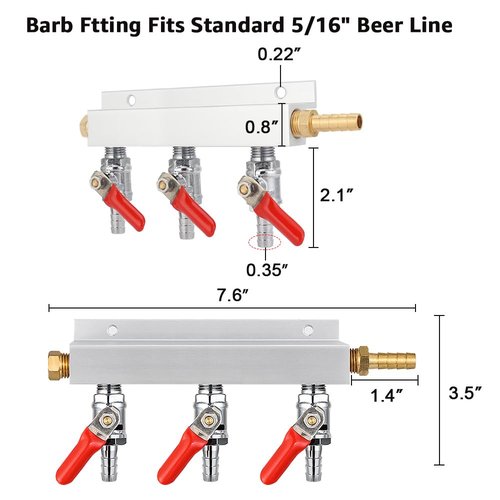 MRbrew Gas Manifold, CO2 Gas Distributor, 5/16'' Barb Fitting Beer Kegerator Splitter, 3-Way Air Distributor with Integrated Check Valves & Hose Clamps