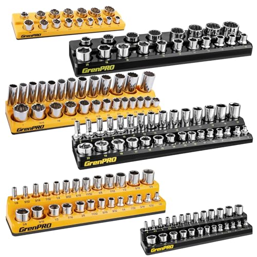 GRENPRO 6-Piece Magnetic Socket Organizer Set – 1/4, 3/8, 1/2 in SAE & Metric, Dual-Row Tray with Magnetic Base (Variation: 6-Piece Magnetic Socket Holder)