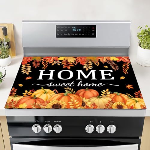 Fall Pumpkin Glass Stove Top Cover 28x20 | KAPLIPE Hello Fall Maple Leaves Black