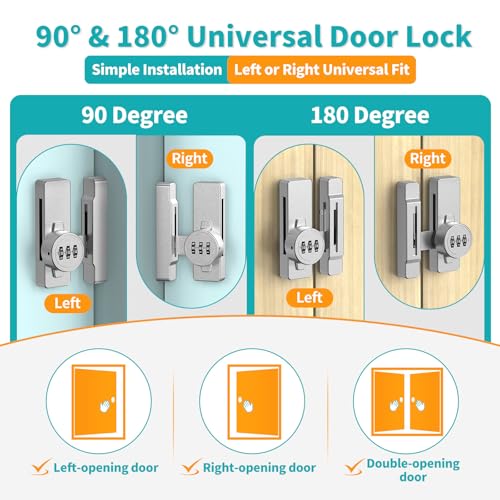 90/180 Degree Mechanical Combination Door Lock, Zinc Alloy Keyless Sliding Barn Locks for Bedroom, Shed, Window, Cabinet - 3 Digit Password Security Flip Gate Latches (1, Silver)