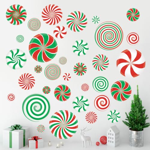 Christmas Holiday Decorations, Red and Green Swirl Candy Cane Peppermint PVC Wall Decals, 64 Pieces