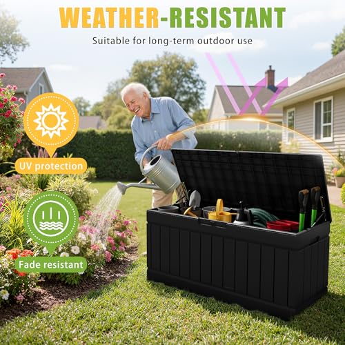 Greesum 82 Gallon Outdoor Storage Box with Lid - Waterproof, Lockable Patio Garden Bin (Black)