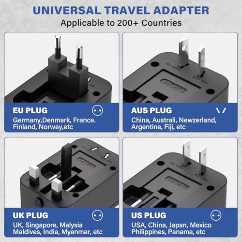 EFISH Black Travel Power Adapter with 2 USB-A + 1 USB-C, Universal Travel Plug Converter