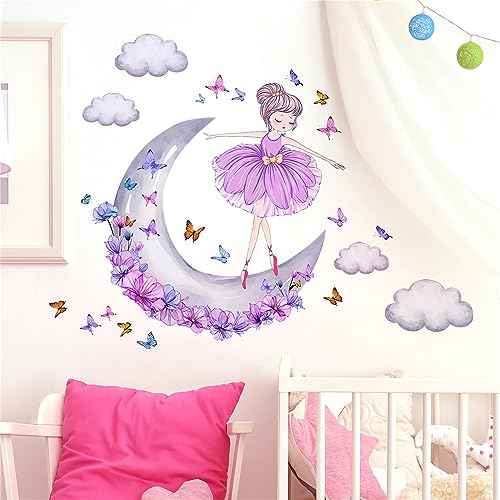 Lovely Purple Moon Girl and Clouds Butterfly Wall Stickers, sacinora Art Wall Decals Removable Vinyl Peel and Stick for Nursery Kids Baby Living Room Children's Room Bedroom Decorations
