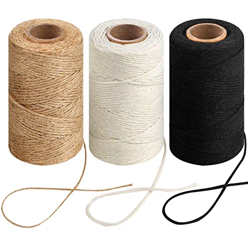 Joyberg Colorful 3 Rolls Twine String Kit - Natural Jute, Cotton & Black for Crafts & Gift Wrapping