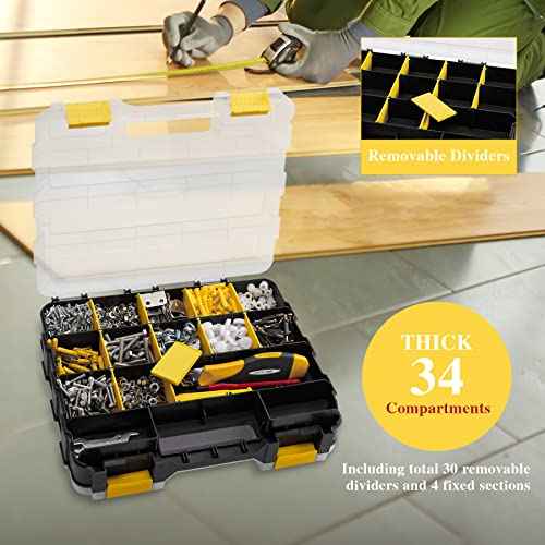 Hardware Organizer Box 34 Compartments Small Parts Organizer with Removable Dividers Durable Plastic Double Side Tools Box Screw Organizer For Nuts, Bolts, Screws, Nails, Small Hardware (Yellow)