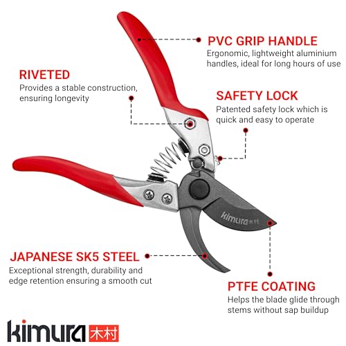 Kimura 8-Inch Pro Bypass Pruning Shears Japanese SK5 Steel Garden Clippers