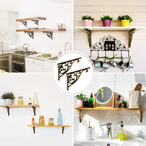 KHTUMEWARE Antique Brass 8-Inch Heavy Duty Wall Shelf Brackets 4-Pack - Victorian Style