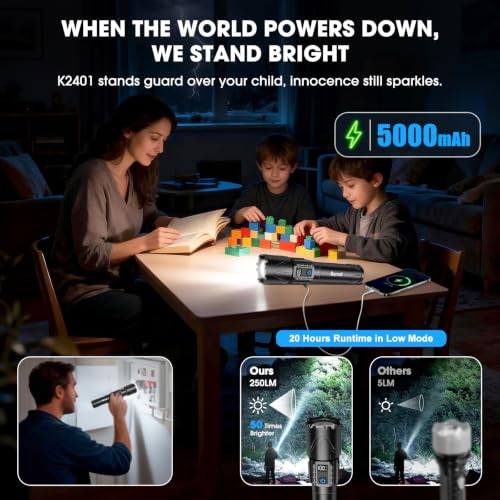 Banral Black Rechargeable Tactical Flashlight 2000 Lumens, Long Range Focus