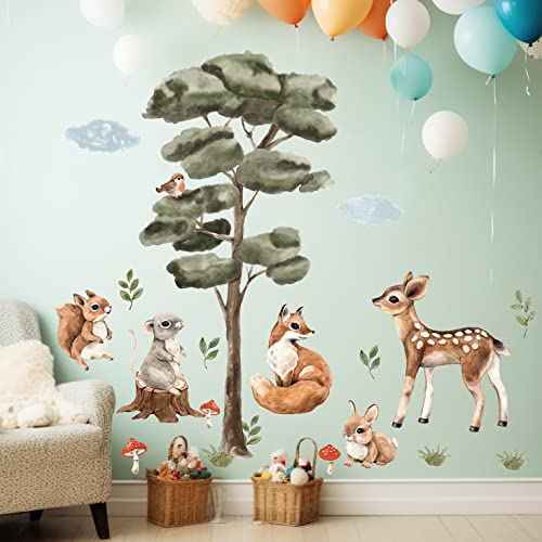 Amaonm 2 Sheet of 12x24 inch Watercolor Forest Tree Wall Decal Woodland Deer Squirrel Fox Wall Stickers 3D DIY Peel and Stick Jungle Wild Animal Pine Wall Decor for Kids Boys Bedroom Playroom Living Room Classroom Decoration (Tree animal)