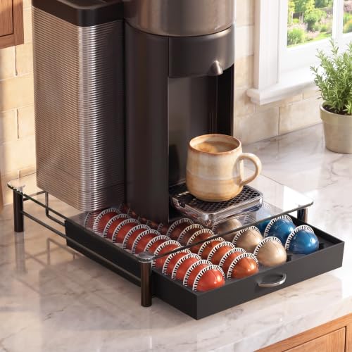 Deco Brothers 24 Large / 48 Small Vertuo Pod Holder - Tempered Glass Sliding Drawer, Black (48 pcs)