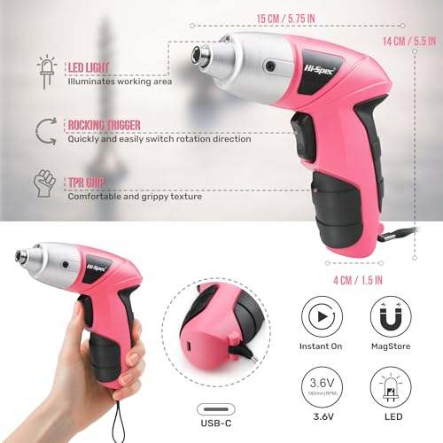 Hi-Spec Pink Mini Electric Screwdriver - Rechargeable Cordless Power Tool with 26 Bits for Home & DIY