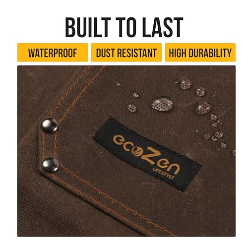 ecoZen 16oz Waxed Canvas Work Apron with Tape Holder - 27 x 34 inches Shop Apron with Elastic Back Strap and Front Pockets, Fully Adjustable, Tough Protection for Men - Brown