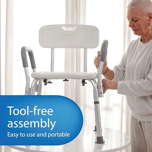 Medline Grey Padded Shower Chair with Backrest & Armrests - 350 lb Capacity, Adjustable Legs, Senior & Disabled Bath Seat