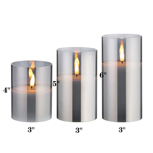 Eywamage Smoke Grey Glass Flameless Candles with Remote, Flickering Battery Operated LED Pillar Candles Set of 3