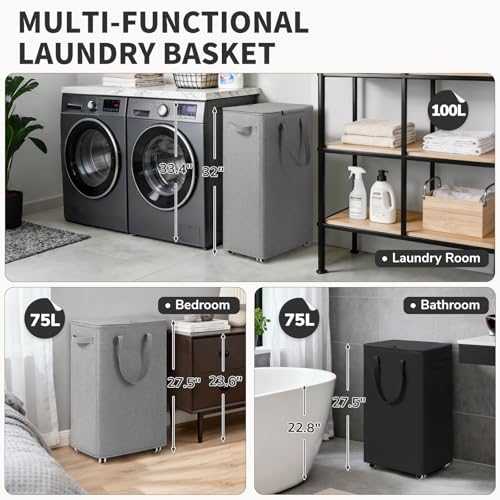 Goodpick 75L Rolling Laundry Basket with Wheels and Lid – Light Grey, 16.5 x 12.5 x 27.5 in