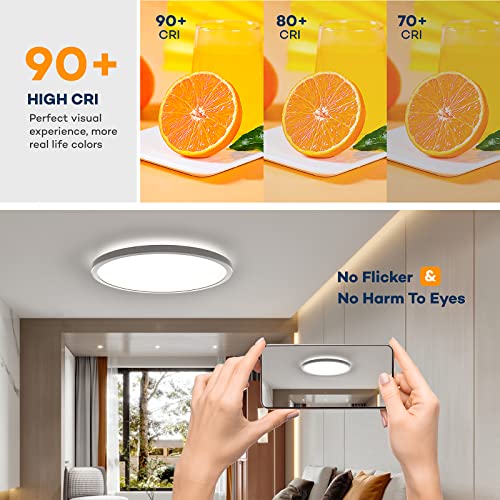 White 12-Inch Dimmable LED Flush Mount Ceiling Light with Remote, Adjustable 3000K-6500K for Bedroom & Kitchen