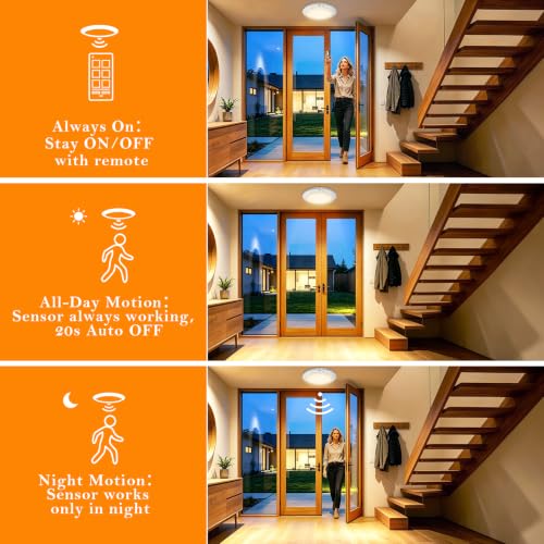 L.JUJAM 2 Pack Rechargeable Motion Sensor Ceiling Lights with Remote, Dimmable & 3CCT Indoor Night Lights for Closet, Shower, Hallway, Porch, RV