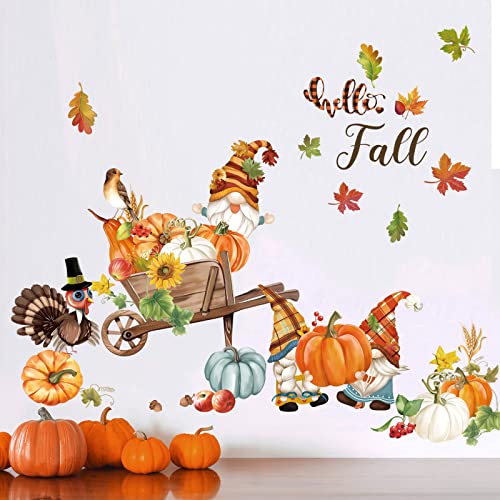 decalmile Fall Maple Leaf Wall Decals Thanksgiving Pumpkin Gnome Turkey Wall Stickers Kitchen Dining Room Party Autumn Home Decor