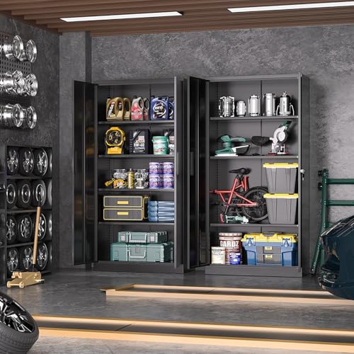Greenvelly 72 Inch Black Metal Cabinet with 4 Shelves, Locking Doors, Heavy Duty Garage Storage