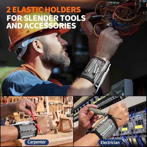 2PCS Magnetic Wristband for Screws, Gifts for Men and Women, Wrist Magnet Screw Holder with 15 Extra Strong Magnets and Two Pockets for Non-Magnetic Items, Helpful Father Gift with Gift Box