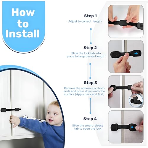 3M Adhesive Child Safety Strap Locks by Baby Proof Me, Baby Latches for Cabinets, Dishwashers, Fridges, Ovens and Trash Cans, Stain Free Toilet Lock (6 Safety Latches)
