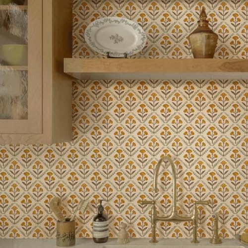 Dimoon Orange Floral Peel and Stick Wallpaper 17.3x78.7 Inches Vintage Cottage