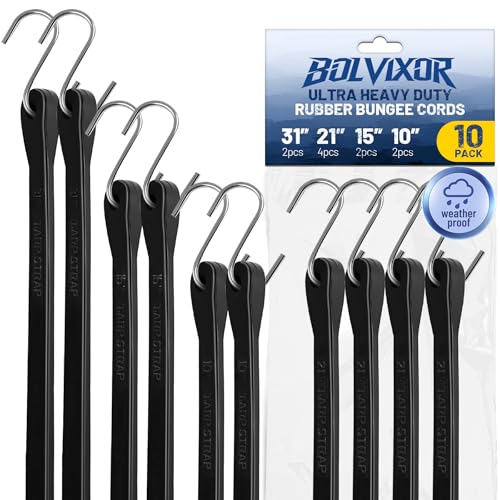 Bungee Cords with Hooks 10 Pack - 10", 15", 21", 31" Heavy Duty Rubber, Includes 2x 10" / 2x 15" / 4x 21" / 2x 31"