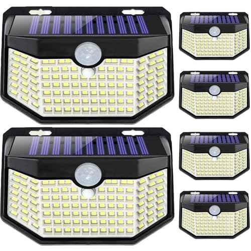 HMCITY 120 LED Outdoor Solar Lights with Motion Sensor and 3 Lighting Modes, IP65 Waterproof Wide Solar Wall Lights Ideal for Garden Patio Yard (Front Button 6Packs, Daylight White)
