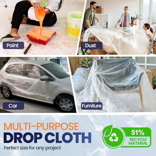 Ecotez 6 Pack 12x9 ft Extra Large Plastic Drop Cloth for Painting - Standard Variant