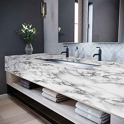 Caltero Marble Contact Paper 15.7" x 118" Black White Grey Wallpaper Peel and Stick Glossy Marble Self Adhesive Contact Paper for Countertop Kitchen Cabinets Bathroom