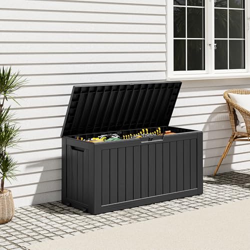 NBYSGO Striped Black 85 Gallon Outdoor Resin Storage Box with Lockable Lid