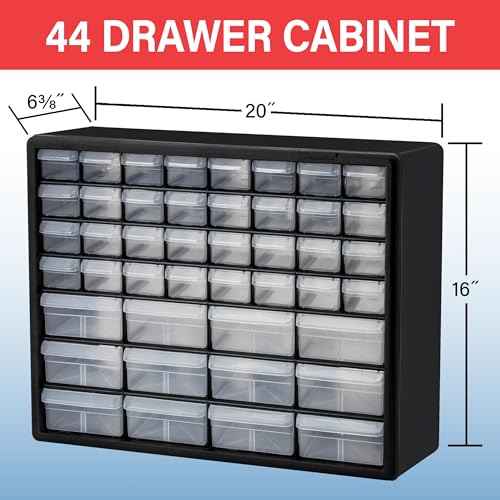 Akro-Mils 44-Drawer Plastic Drawer Storage Cabinet for Garage Organization, Bead Organizer, Building Bricks Storage, Teacher Toolbox, Makeup Organizer, 20" W x 6" D x 16" H, 10144 Black