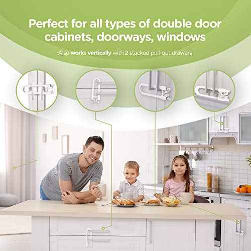 Sliding Cabinet Locks (4-Pack) 8 inch, Multi-Purpose Child Safety Lock by Skyla Homes - No Tools or Drilling Required, Best for Baby Proofing, Strong ABS Free Plastic Knob Cover