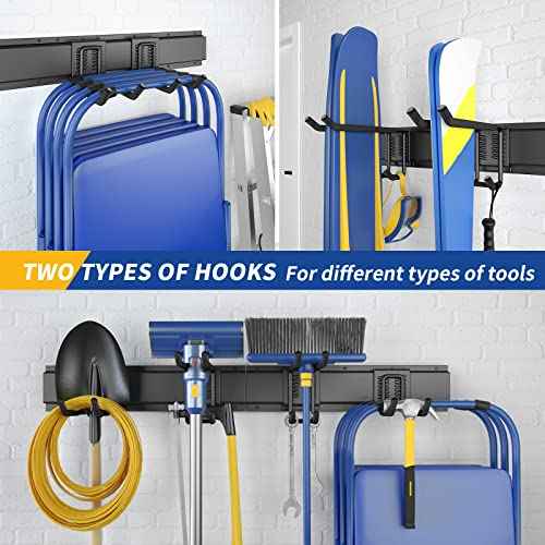 32 Inches Garage Storage, Garage Organization, Wall Mount Garden Tool Organizer, Max 300lbs Adjustable Metal Hooks, Yard Shed Hanging Rack, Heavy Duty Shelving for Rake Broom Mop Snowboard