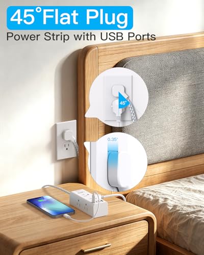 One Beat 5ft Flat Plug Power Strip with Surge Protection, 10 Outlets & USB C - White