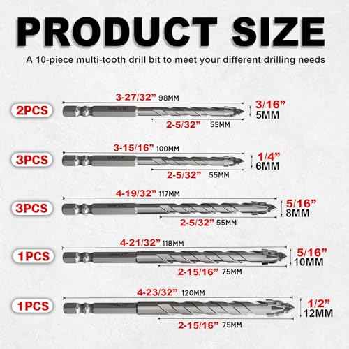 Upgraded Masonry Drill Bit Set,Serrated Concrete Drill bit Set - (3/16"-1/2") 10-Piece Professional Carbide Drill Bits for Concrete, Tile, Brick, Glass, Ceramic, Wood, and Plastic