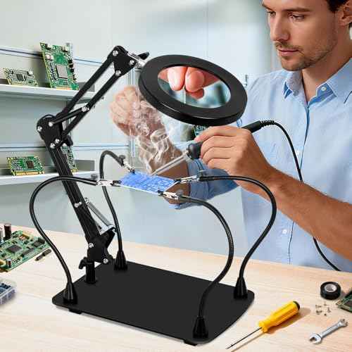 10X Magnifying Glass with Light and Stand, KUVRS Magnetic Helping Hands Soldering Station, PCB Holder Magnifying Lamp, 3 Color Adjustable Arm Hands Free Magnifier with Light for Soldering Craft Hobby
