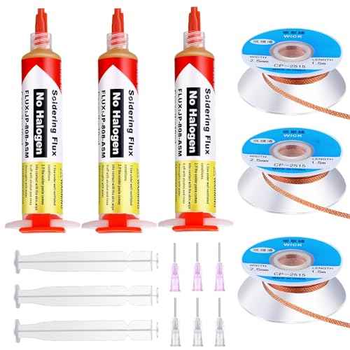 Blulu 6 Pcs 10ml 8341 No Clean Solder Flux Paste and Wicks Tacky Soldering Flux with Plunger and Dispensing Tip 1.5 Meter Length Solder Wick Braid for Electronics