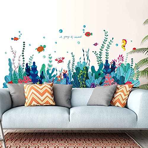 Removable 3D Under The Sea View Grass Wall Decal - DIY Ocean Coral Seaweed Stickers Murals - Peel and Stick Home Decor for Kids Bedroom, Bathroom, Girl Nursery Corner Decoration
