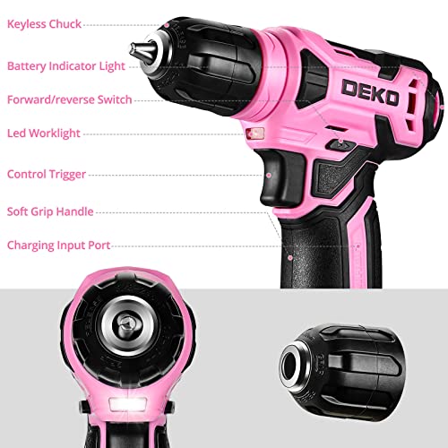 Pink DEKOPRO 8V Cordless Drill Set with 42 Accessories, Keyless Chuck & LED