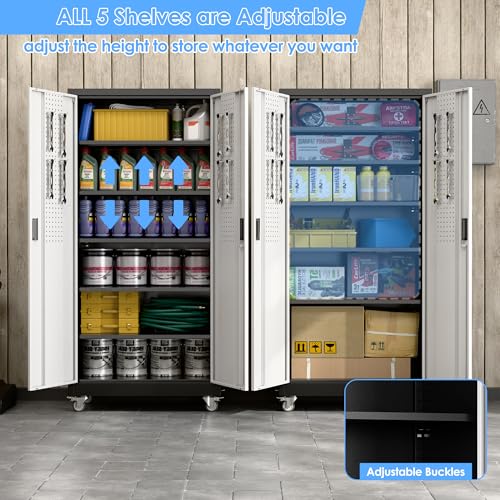 Heavy-Duty 71x32x16 in Metal Garage Storage Cabinet on Wheels with Pegboards, 5 Adjustable Shelves