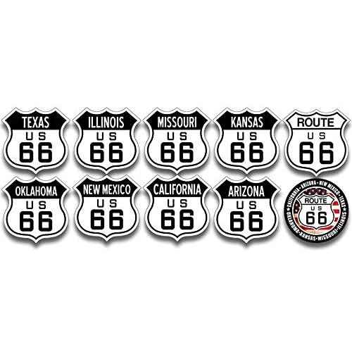 Sheet of 8: All Route 66 States Sign Shaped Stickers (1.5 inch Tall)