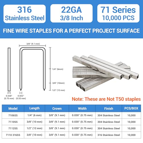 Meite 71/10 22 Gauge Marine Stainless Steel Upholstery Staples - 1 Pack, 3/8-Inch Crown & Length, 10,000 Counts