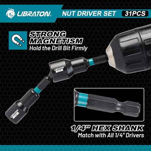 LIBRATON 31PCS Magnetic Nut Driver Set, 1/4" Impact Drill Driver Bit Set, Long Nut Drivers 6INCH, Metric & SAE Nut Drivers for Impact Drill, Socket Set, Impact to Hex Converter, PH1, PH2, Storage Box