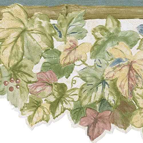 CONCORD WALLCOVERINGS ¢â Wallpaper Border Floral Pattern Bamboo Ivy Leaves Berries for Living Room Cottage, Green Beige White Blue Red, 6.75 Inches by 15 Feet 30385382B