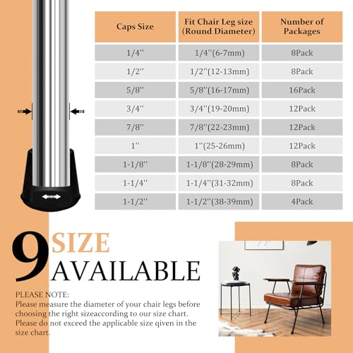 Black 1-Inch Rubber Chair Leg Tips Caps - 12 Pack Floor Protectors
