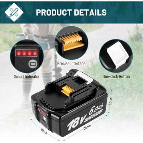 6.0Ah Battery Replace for Makita 18V BL1860B BL1860 BL1820 BL1830B BL1840B BL1850B Batteries Compatible with Original Makita 18 Volt Battery Tools and Chargers(2Pack High Capacity Batteries)