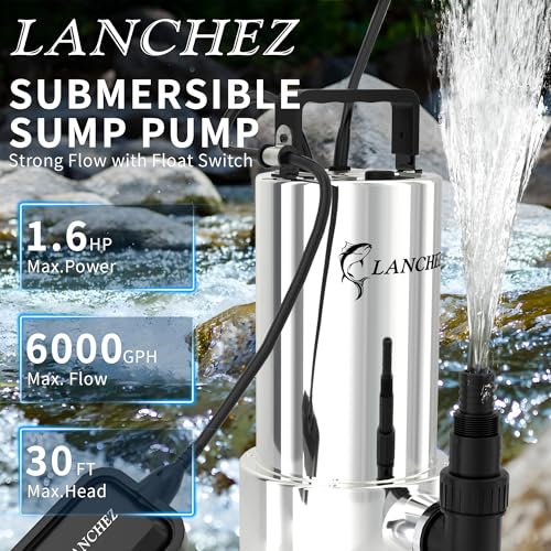 LANCHEZ Large 1.6HP Submersible Sump Pump with Float Switch, 6000GPH, Stainless Steel