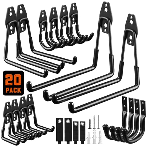 Garage Hooks, 20-Pack Steel Garage Accessories for Organization and Storage, Heavy Wall Mount Duty Hooks with Anti-Slip Coating for Hanging Ladder, Bike, Power Tools and More Tools, Black